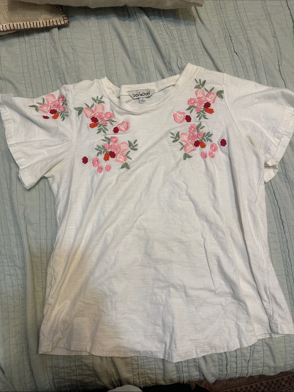 DAVI & DANI White Tee with Pink & Red Floral Embroidery